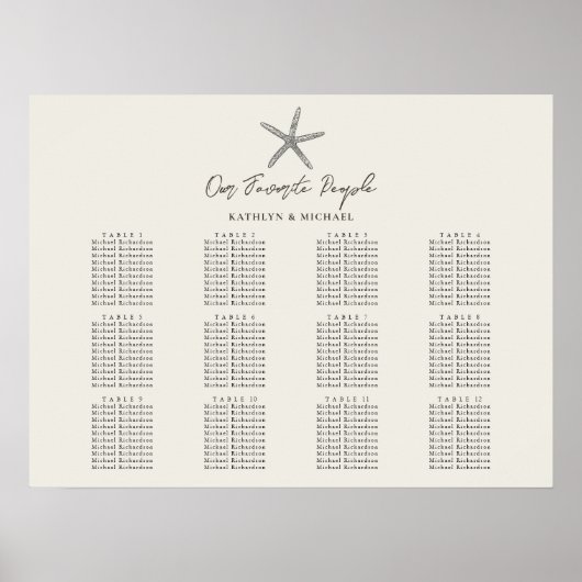 Starfish strand bruiloft 12 tafel zitkaarten poster (Voorkant)