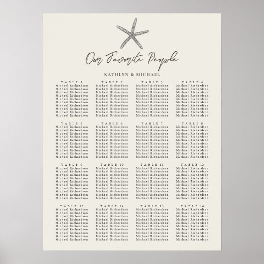 Starfish strand bruiloft 16 tafel zitkaarten poster (Voorkant)