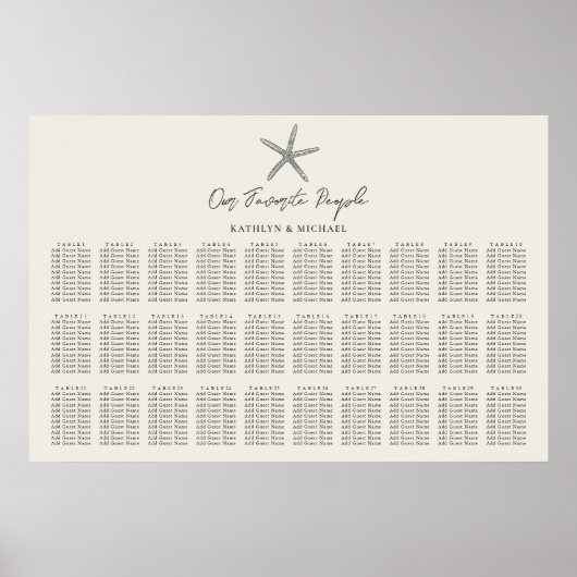 Starfish strand bruiloft 30 tafel zitkaarten poster (Voorkant)