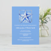 Starfish strand bruiloft blauw wit zilver diner kaart (Staand voorkant)