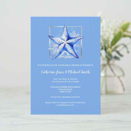 Starfish strand bruiloft blauw wit zilver diner kaart (Staand voorkant)