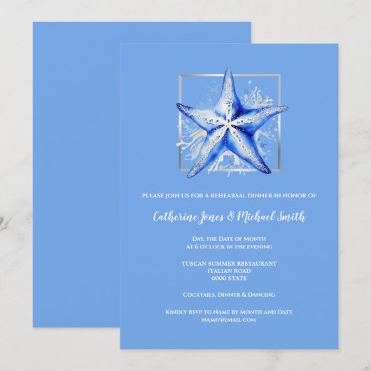 Starfish strand bruiloft blauw wit zilver diner kaart (Voorkant / Achterkant)