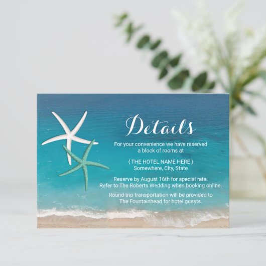 Starfish strand bruiloft details informatiekaartje (Staand voorkant)