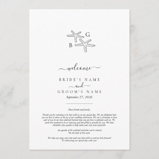 Starfish strand Monogram huwelijksroute Programmakaart (Voorkant)