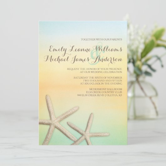 Starfish Sunset Beach Tropische bruiloft uitnodigi Kaart (Staand voorkant)