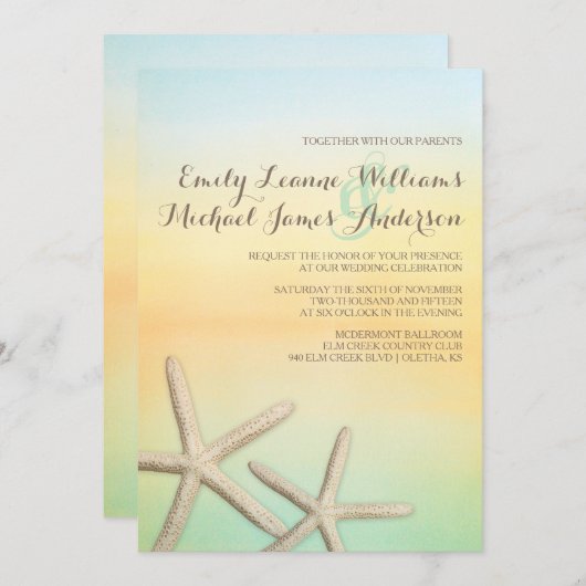 Starfish Sunset Beach Tropische bruiloft uitnodigi Kaart (Voorkant / Achterkant)