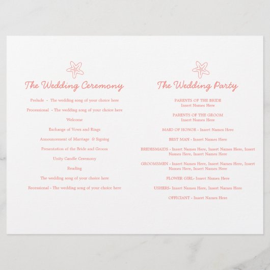 Starfish & swirls koraalwittrouwprogramma's (Achterkant)