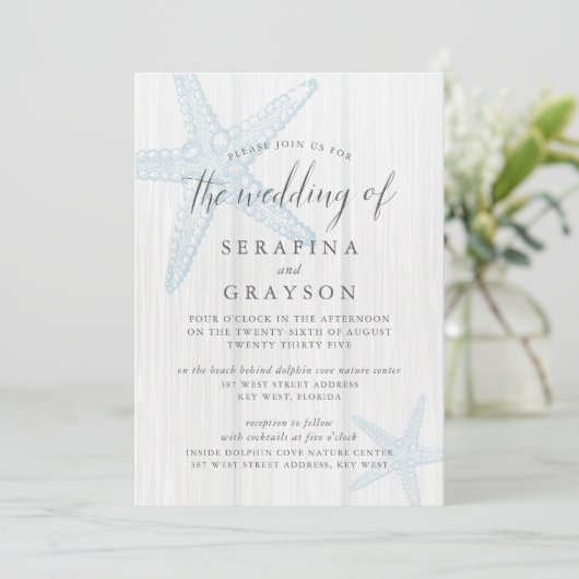 Starfish Tropical Rustic Beach Blue Wedding Invit Kaart (Staand voorkant)
