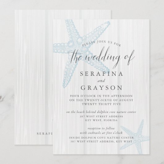 Starfish Tropical Rustic Beach Blue Wedding Invit Kaart (Voorkant / Achterkant)
