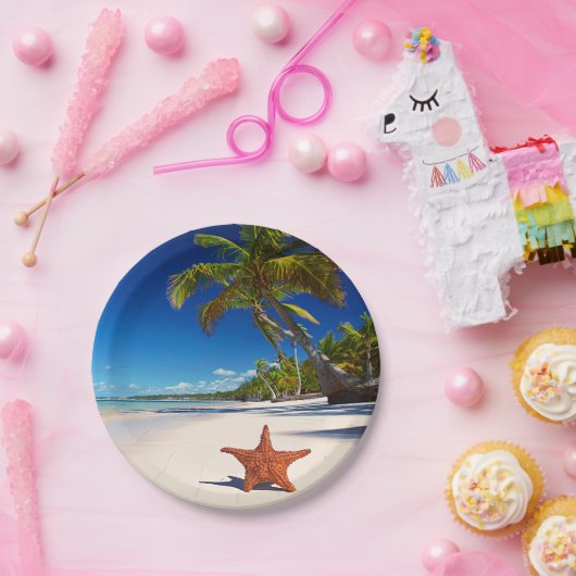 Starfish Tropical Sandy Beach Palm Tree Island Papieren Bordje (Feest)