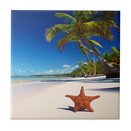 Starfish Tropical Sandy Beach Palm Tree Island Tegeltje (Voorkant)