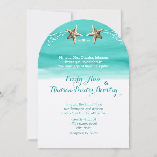 Starfish Turquoise Aqua Destination Beach Wedding Kaart (Voorkant)