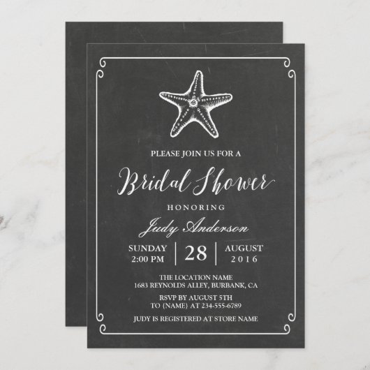 Starfish Vrijgezellenfeest | Elegant Chalkboard Ki Kaart (Voorkant / Achterkant)