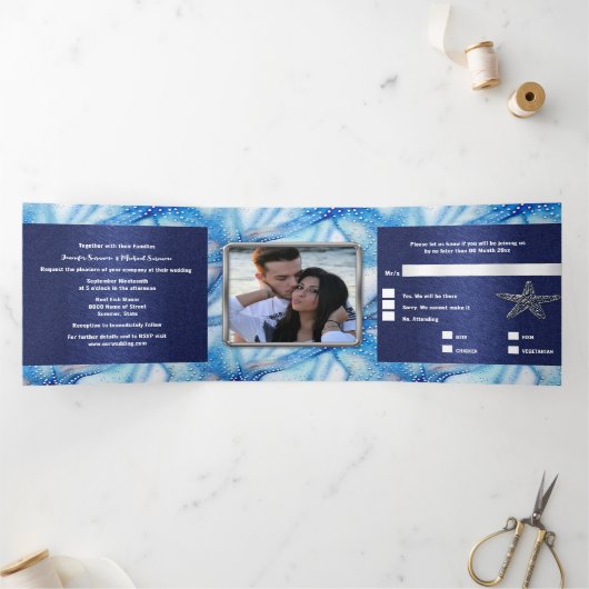 Starfish waterverf patroonkoppels strand foto drieluik uitnodiging (Binnen)