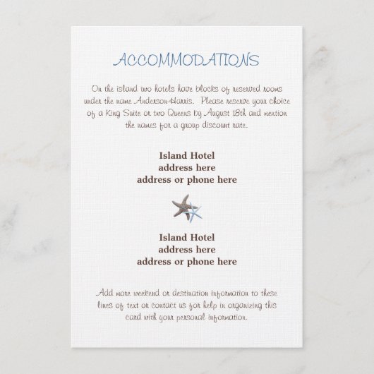 Starfish Wedding Accommodatie Enclosure Card Informatiekaartje (Voorkant)