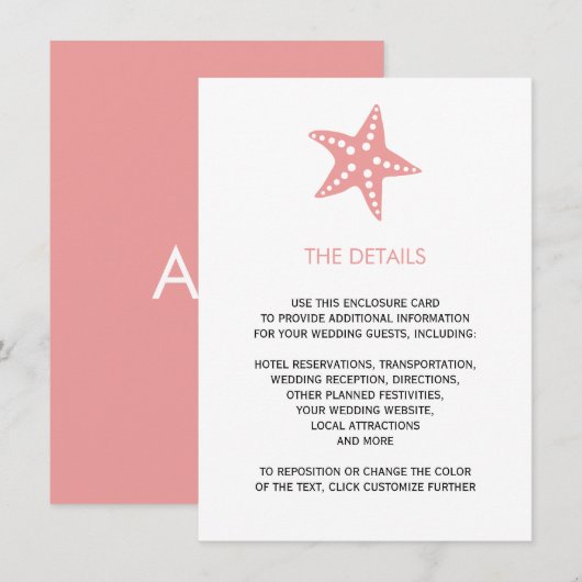 Starfish Wedding Invitation Enclosure Kaart, roze Informatiekaartje (Voorkant / Achterkant)
