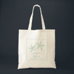Starfish Wedding Persoonlijk Blauwgroen Welkom Tote Bag<br><div class="desc">Twee grietse zeestervis in blauwgroen blauw, aqua en turquoise op een gepersonaliseerde op maat gemaakte huwelijkswelkomsttas die het tas of de cadeadepuis van de bruidspartij begunstigt. Gebruik de redacteur van de sjabloon om de achtergrond of de tekstkleur, de doopvonten te veranderen, of tekst of een foto op de rug toe...</div>