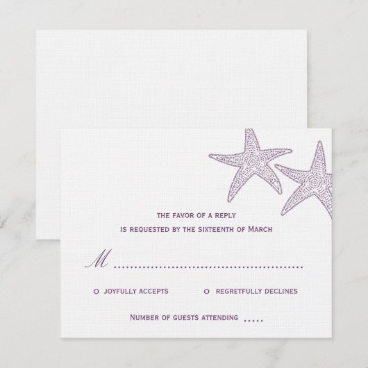 Starfish Wedding RSVP-kaart - Paars RSVP Kaartje (Voorkant / Achterkant)