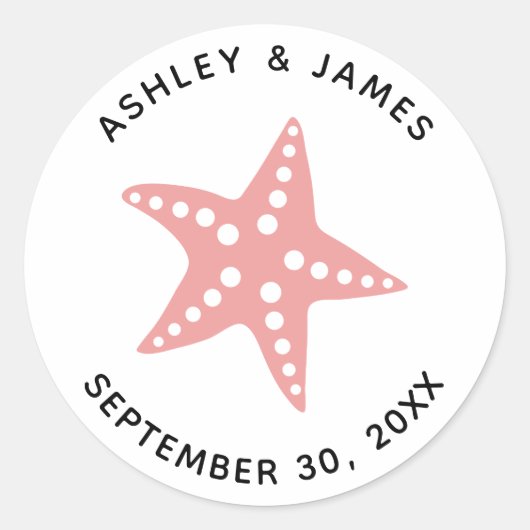 Starfish Wedding Stickers, Beach Theme Label, roze Ronde Sticker (Voorkant)
