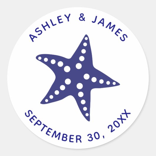 Starfish Wedding Stickers, Navy Blue Beach Theme Ronde Sticker (Voorkant)