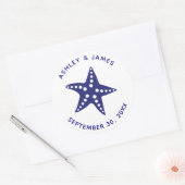 Starfish Wedding Stickers, Navy Blue Beach Theme Ronde Sticker (Envelop)