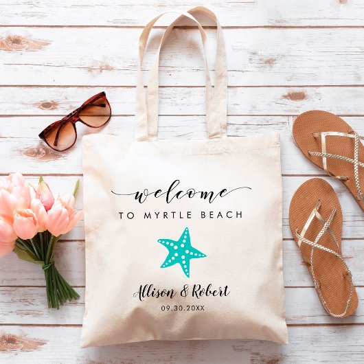 Starfish Wedding Welcome Bag, Turquoise Blue Tote Bag