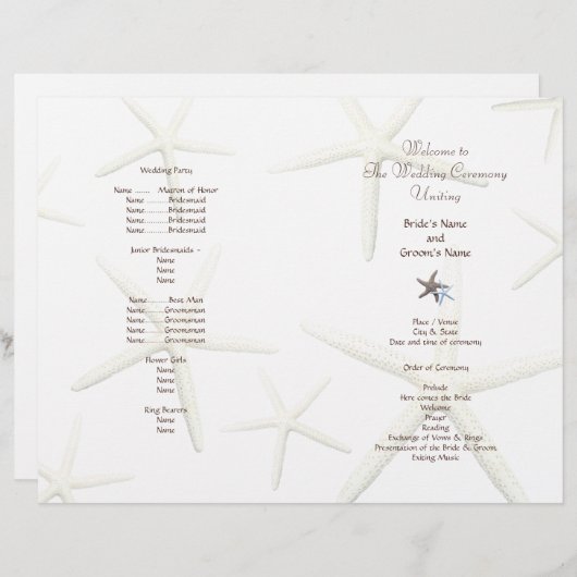 Starfish White Beach Wedding Folded Fan Programme (Voorkant / Achterkant)