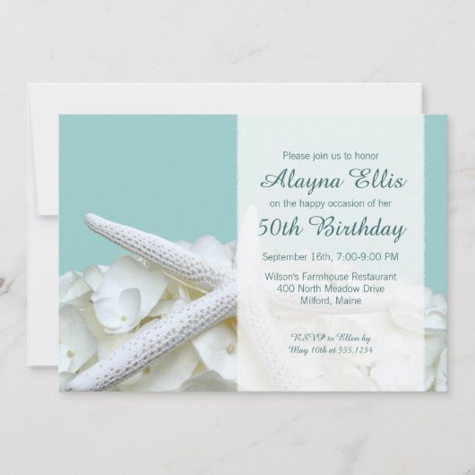 Starfish White Hydrangeas Birthday Party Invites Kaart (Voorkant)