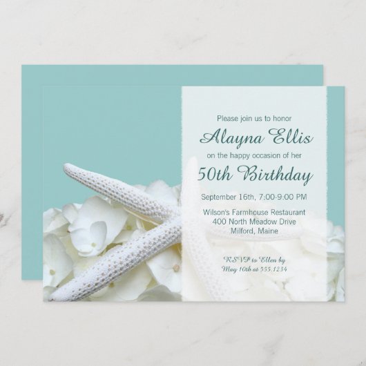 Starfish White Hydrangeas Birthday Party Invites Kaart (Voorkant / Achterkant)