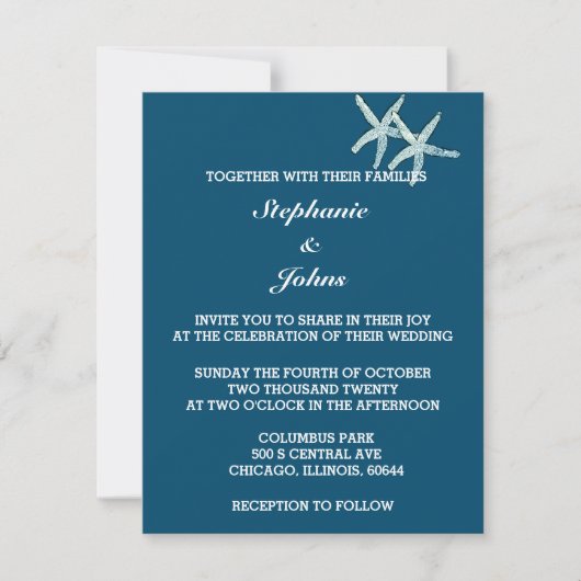 Starfish White Ocean Blue Custom Color Wedding Kaart (Voorkant)