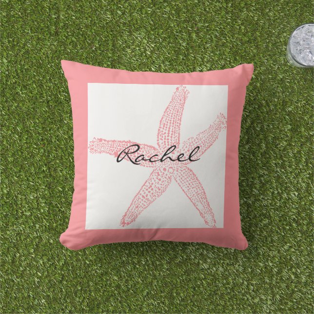 Starfish White roze Name Sjabloon Beach Girly Buitenkussen (Gras)
