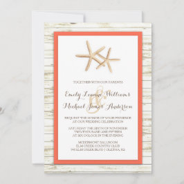 Starfish Whitewash Wood Beach Wedding Invitation Kaart