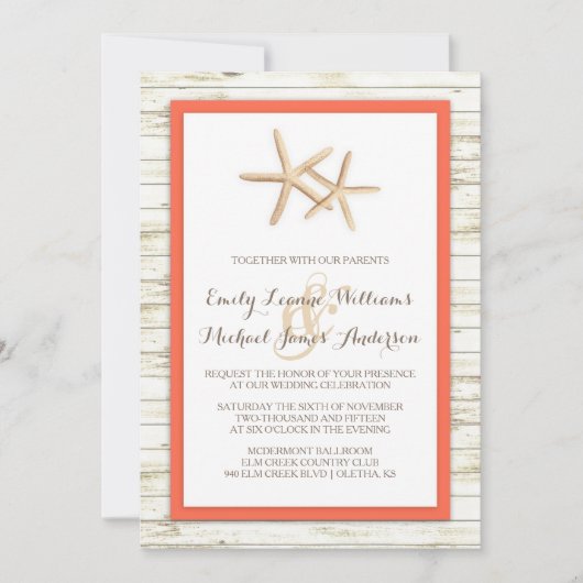 Starfish Whitewash Wood Beach Wedding Invitation Kaart (Voorkant)