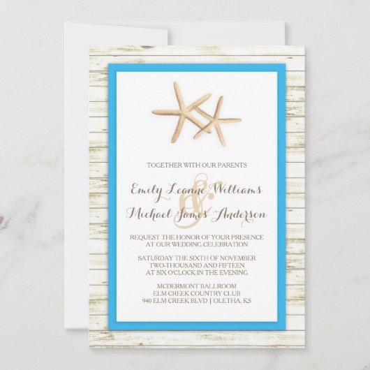 Starfish Whitewash Wood Beach Wedding Invitation Kaart (Voorkant)