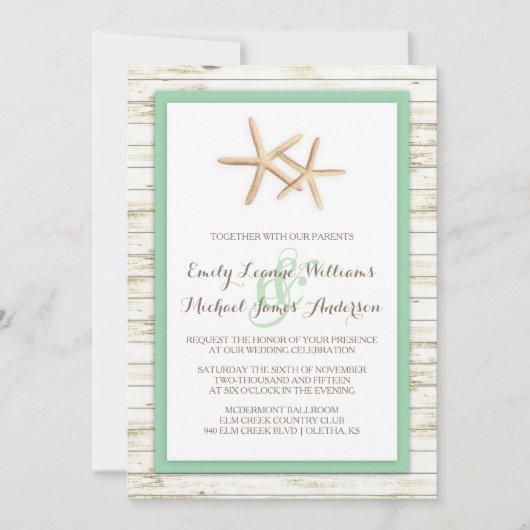 Starfish Whitewash Wood Beach Wedding Invitation Kaart (Voorkant)