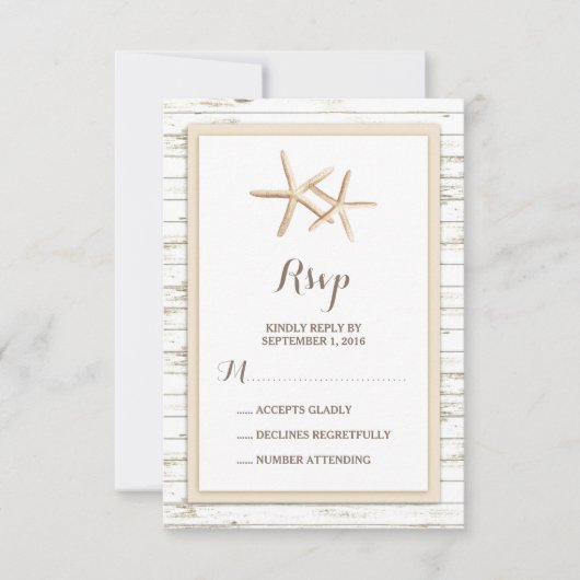 Starfish Whitewash Wood Beach Wedding RSVP (Voorkant)