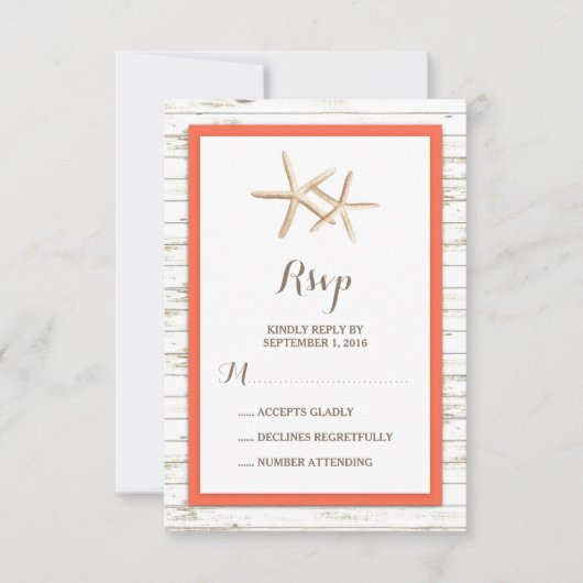 Starfish Whitewash Wood Beach Wedding RSVP Kaartje (Voorkant)
