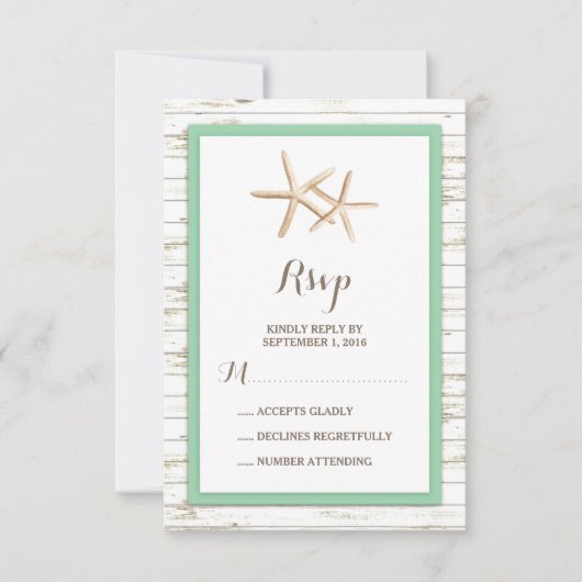 Starfish Whitewash Wood Beach Wedding RSVP Mint (Voorkant)
