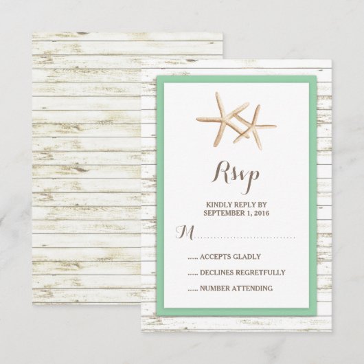 Starfish Whitewash Wood Beach Wedding RSVP Mint Kaartje (Voorkant / Achterkant)