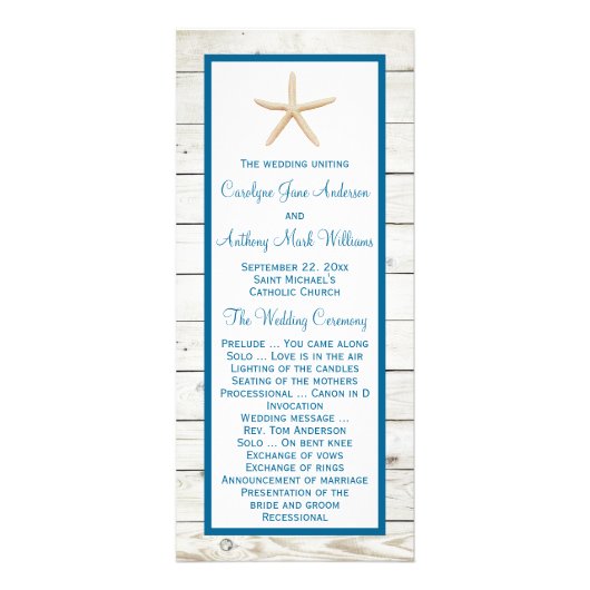Starfish Whitewashed Wood Beach Wedding Program Reclamekaart (Voorkant)