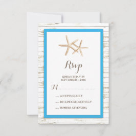Starfish witgekalkte houten strand bruiloft RSVP Kaartje