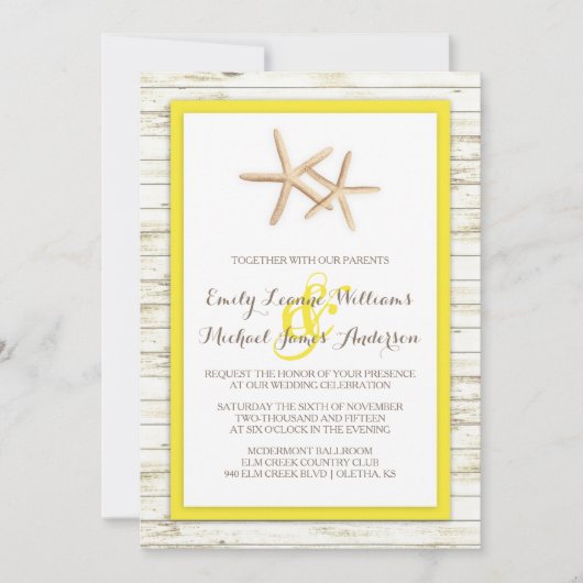 Starfish witgekalkte houten strand bruiloft uitnod kaart (Voorkant)