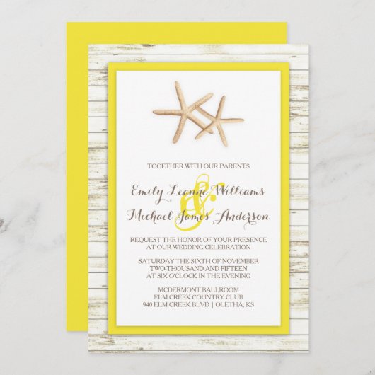 Starfish witgekalkte houten strand bruiloft uitnod kaart (Voorkant / Achterkant)