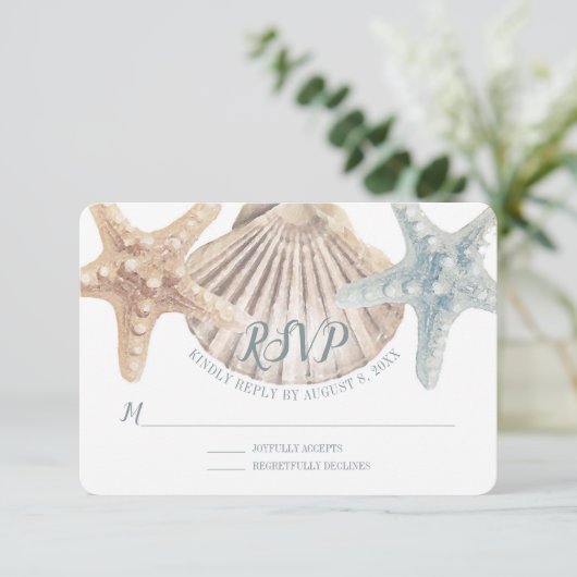 Starfish Zee Blue Nautical Beach bruiloft RSVP Kaartje (Staand voorkant)