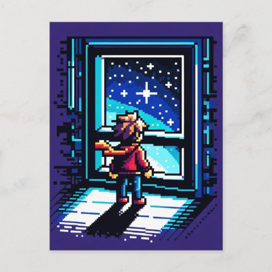 Stargazer bij het raam Dromerige Pixel Art Night S Briefkaart (Voorkant)