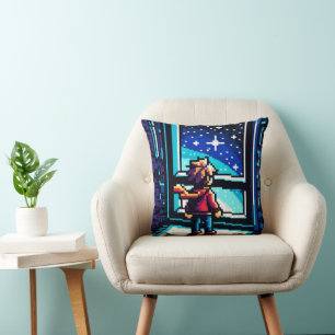 Stargazer bij het raam Dromerige Pixel Art Night S Kussen