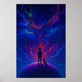 Stargazer Boy & Dog — Dreamy Cosmic Art Poster