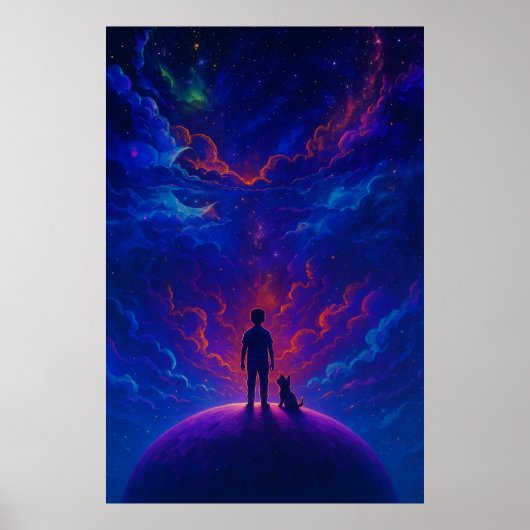 Stargazer Boy & Dog — Dreamy Cosmic Art Poster (Voorkant)