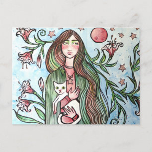 Stargazer Lily Goddess met haar witte kat Feestdagenkaart