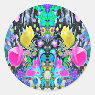 Stargazer Lily, Roos en Roze Hibiscus Collage Ronde Sticker